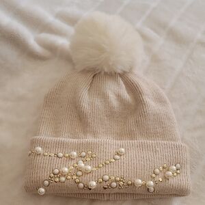 New With Tag Karl Lagerfeld Cream Knit Beanie with Pearl Details -Christmas Gift